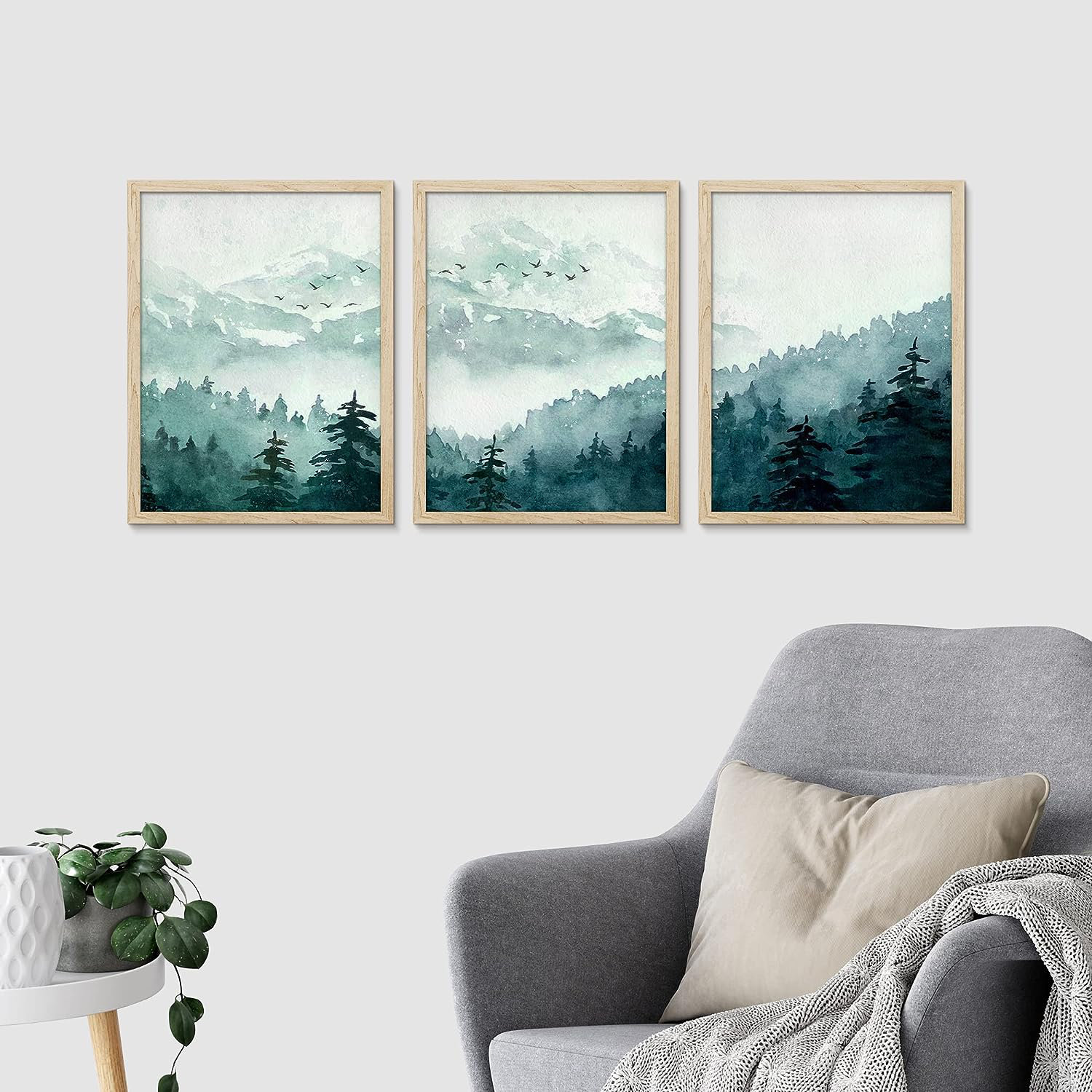 IDEA4WALL Framed Pine Trees Wall Art, Set Of 3 Pastel Snowy Mountain ...