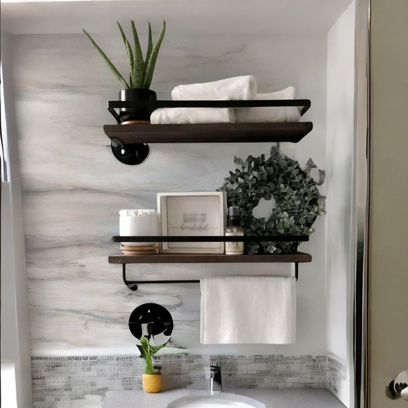 Allonah Industrial 2PC Tier Wooden Floating Shelves with Hanging Rail