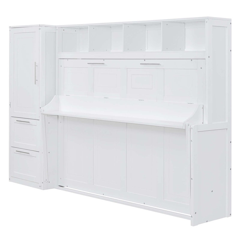 Lit escamotable double avec placard et tiroirs, Blanc