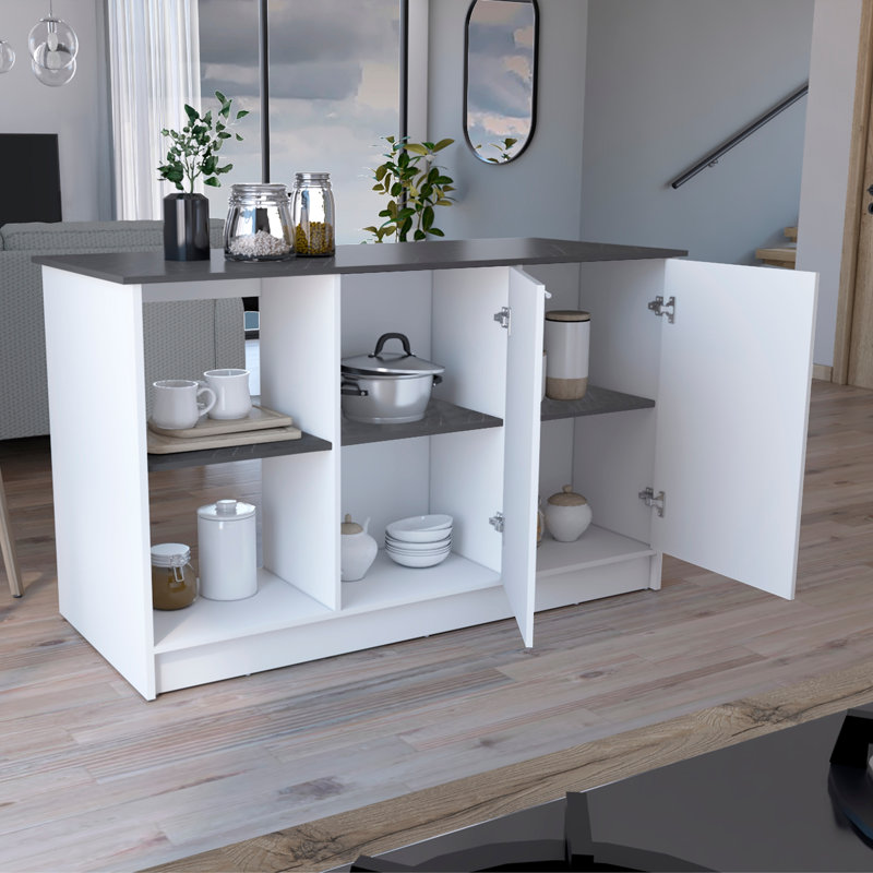 Juniper Kitchen Island With Large Top Surface, Double Door Cabinet, And Open Shelves White / Onyx, White