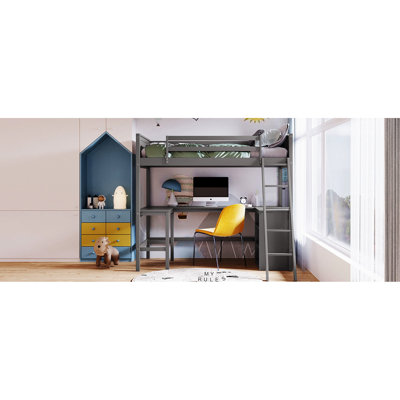 Grey Twin Loft Bed With Functional Workspace And Storage, Maximize Room Efficiency, Wood Construction, Safe Resting Place Size Shelves, Save Space Enhance Functionality, Solid Wood, No Box Spring