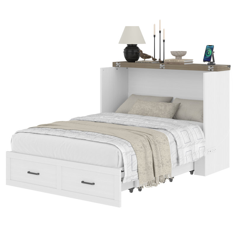  Armoire lit double pleine grandeur avec station de charge, lit plateforme pliable avec tiroir de rangement, blanc, Double