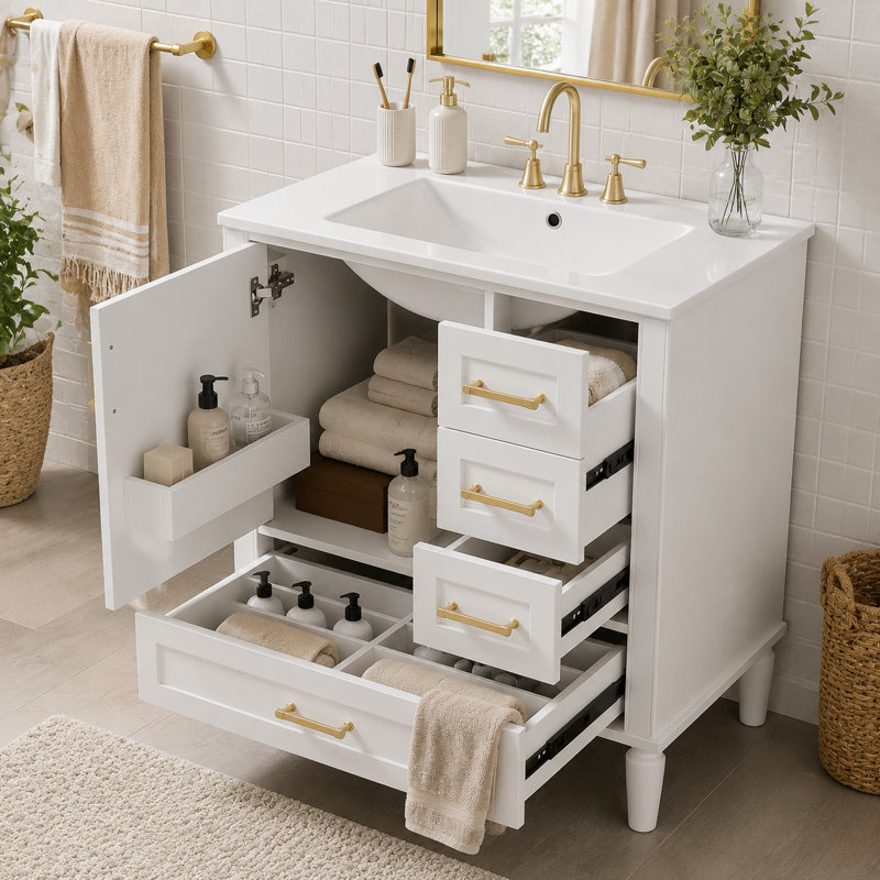 Quincaillerie de meuble-lavabo autoportant blanc mat et grand rangement