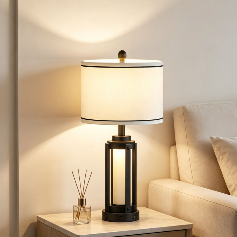 Tatyanna 25.5" Industrial Modern USB Table Lamp Set with Night Light, Built-in Outlet, Black