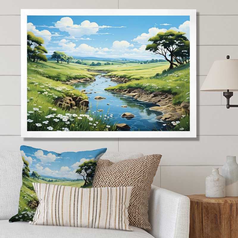 «Countryside River Reflections II», art mural sur toile, H 30 po x l 40 po x P 1,5 po, Cadre simple blanc
