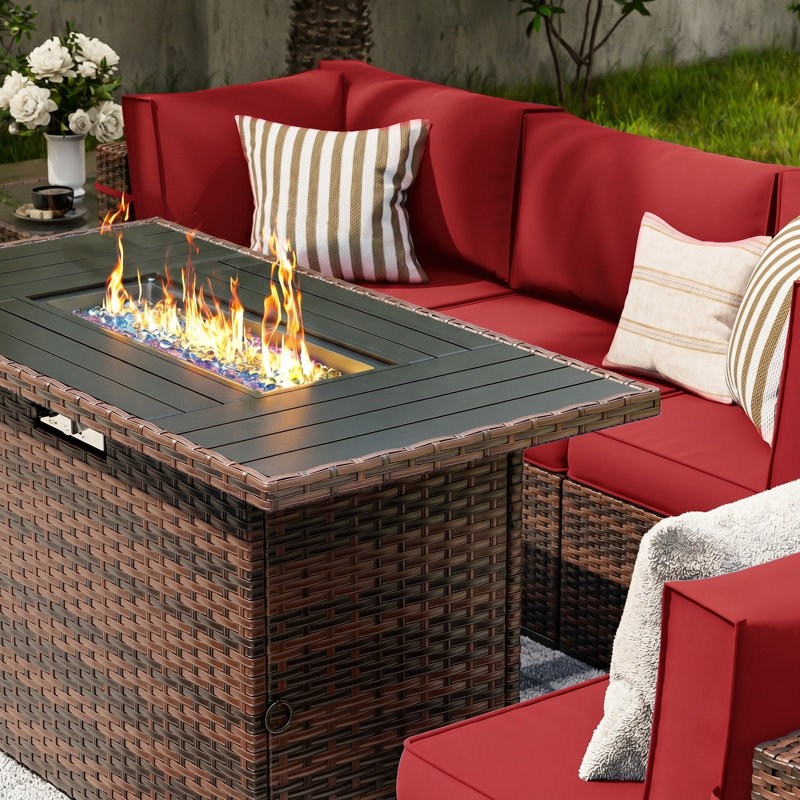 Romanas 8 Piece Patio Conversation Sets With Fire Pit Table, Burgundy