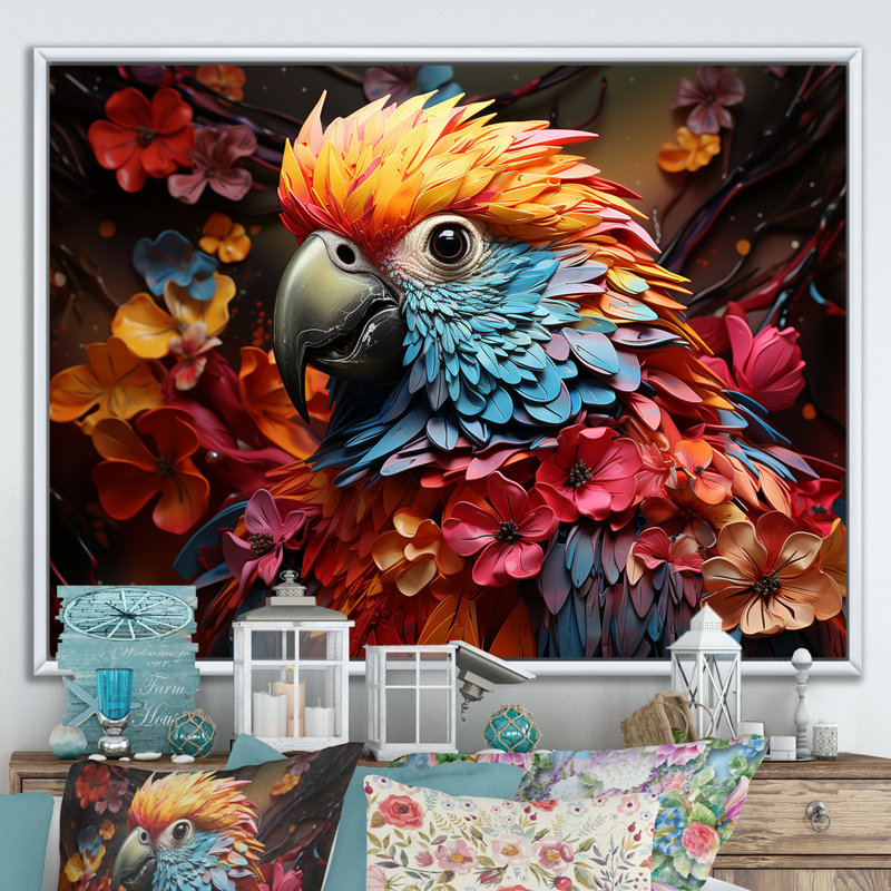 Perroquets tropicaux Rhapsody - perroquet, art mural sur toile, Cadre flottant blanc, H 16 po x l 32 po x P 1 po