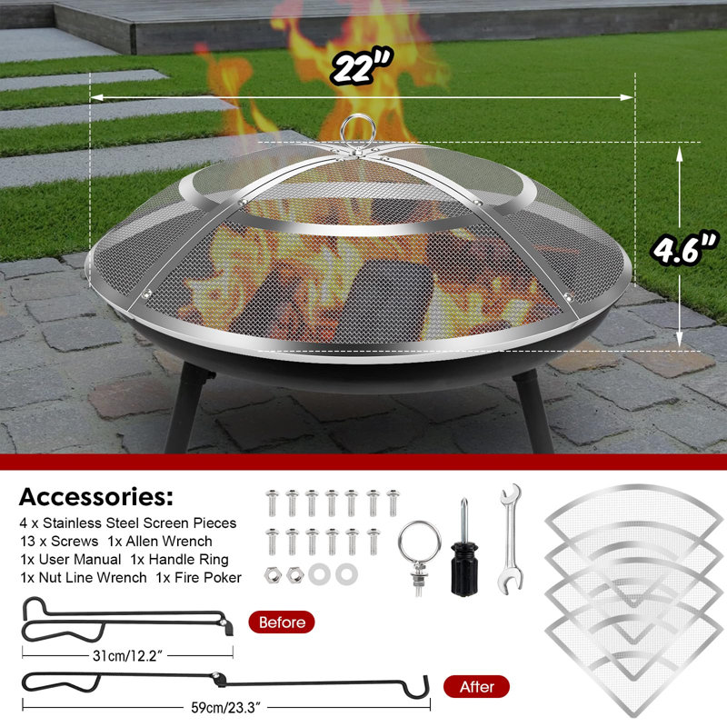 Pare-étincelles pour foyer d'extérieur, housse de foyer d'extérieur 22 po en acier inoxydable avec poignée et tisonnier