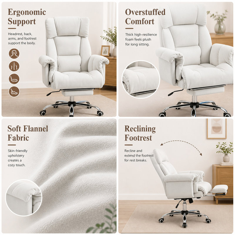 Durable Cozy High Back Office Chair, Reclining Desk Chair with Footrest, High Resilience Foam, Rolling Wheels