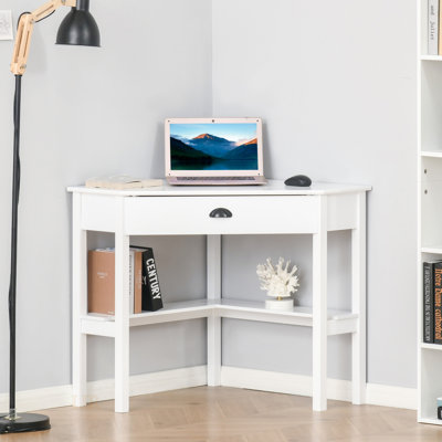 Bureau d'ordinateur d'angle avec tiroir et tablettes de rangement, conception compacte pour les petits bureaux à domicile et les chambres à coucher, blanc