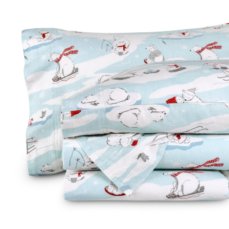 Twin XL Polar Bears Cotton Flannel Deep Pocket Sheet Set