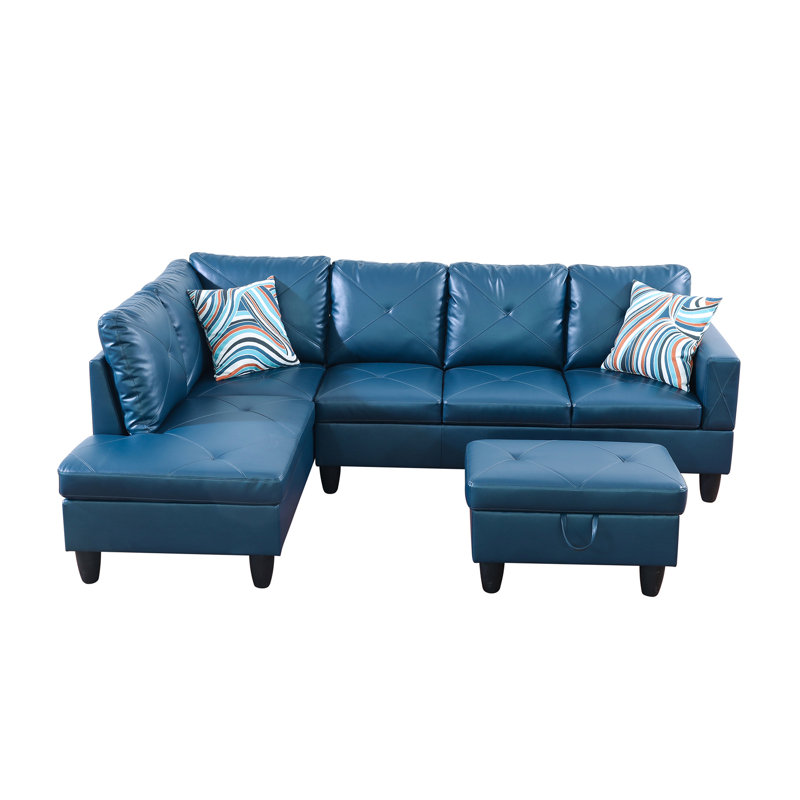 Krunoslav 3 - Piece Faux Leather Sofa & Chaise, Left Hand Facing, Black, Blue Faux Leather