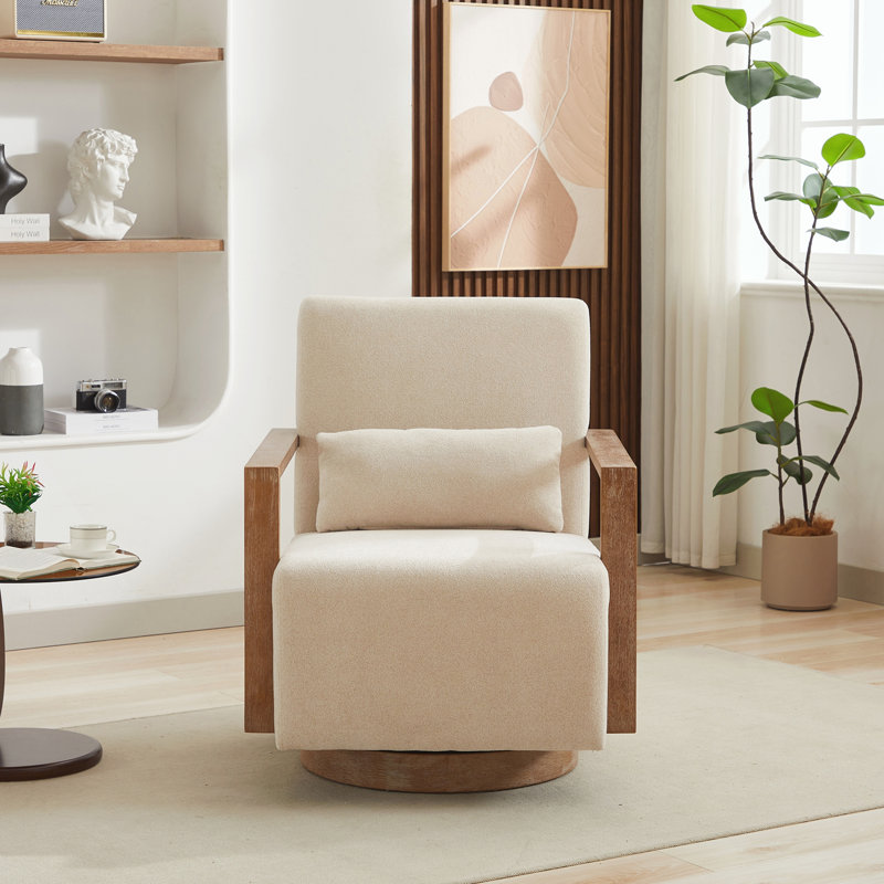 Chaise d'appoint pivotante moderne rembourrée avec accoudoirs en bois massif, Beige