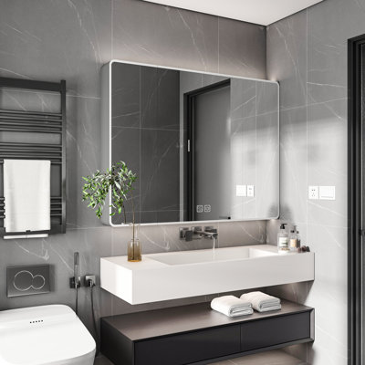 Armoire de salle de bain avec miroir, 35 po x 28 po, aluminium avec 3 couleurs DEL et désembuage, support de rangement pour cosmétiques et support pour sèche-cheveux, symbole gris en aluminium foncé