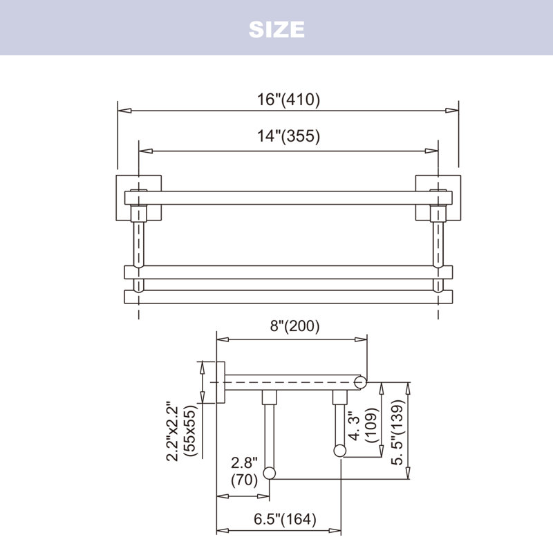 Porte-serviettes mural en acier inoxydable à 2 niveaux avec 2 barres à serviettes rondes 20 po, H 5,5 po x l 16 po x P 8 po