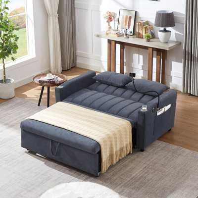 55.9" Convertible Sofa Bed Loveseat Sofa With Three USB Ports, Two Side Pockets, Two Cup Holders And 360°Swivel Phone Holder For Living Room, Blue 