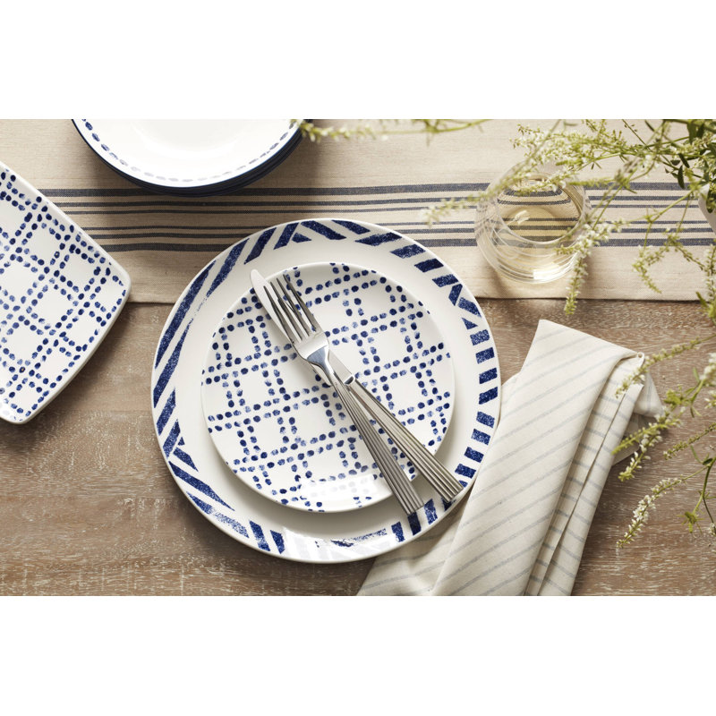 Navy and White Porcelain 12-Piece Geometric Dinnerware Set