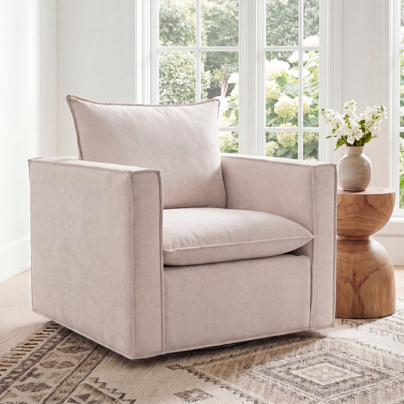 Louretha 34" Wide Fabric Upholstered Swivel Armchair, Camel Fabric