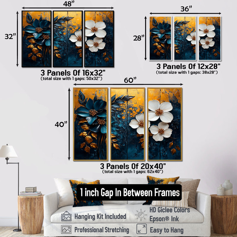 «Blue Polnesian Paradise Poppies Tiles II - Boho Tiles», ensemble de reproduction d'art mural, H 40 po x l 60 po x P 1 po