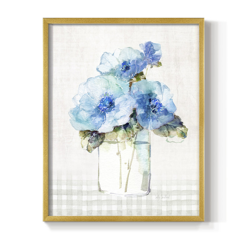 «Gingham Blue Flowers II», reproduction encadrée - bois massif, Or, H 28 po x l 22 po