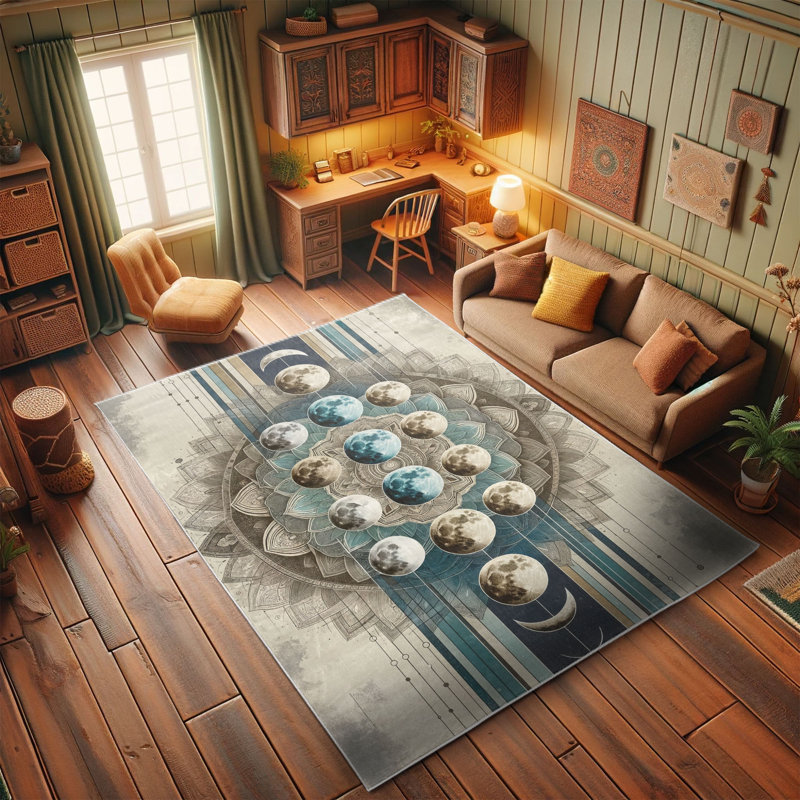 Cadet Blue and Eggshell Oriental Synthetic Area Rug, 5'2" x 7'6"