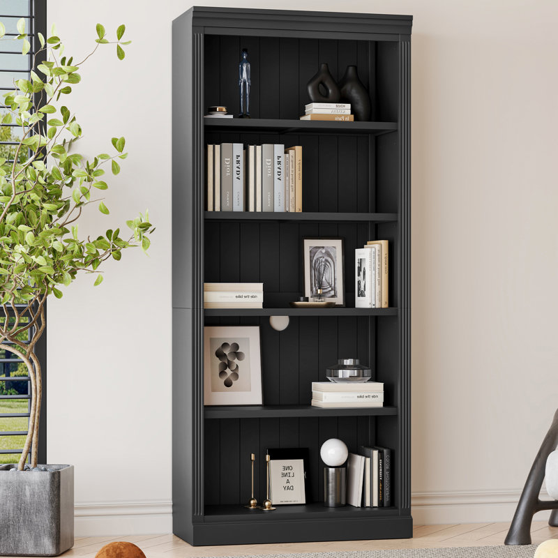 Bibliothèque décorative à 5 niveaux avec tablettes réglables, rangement pour CD / livres / films, Noir