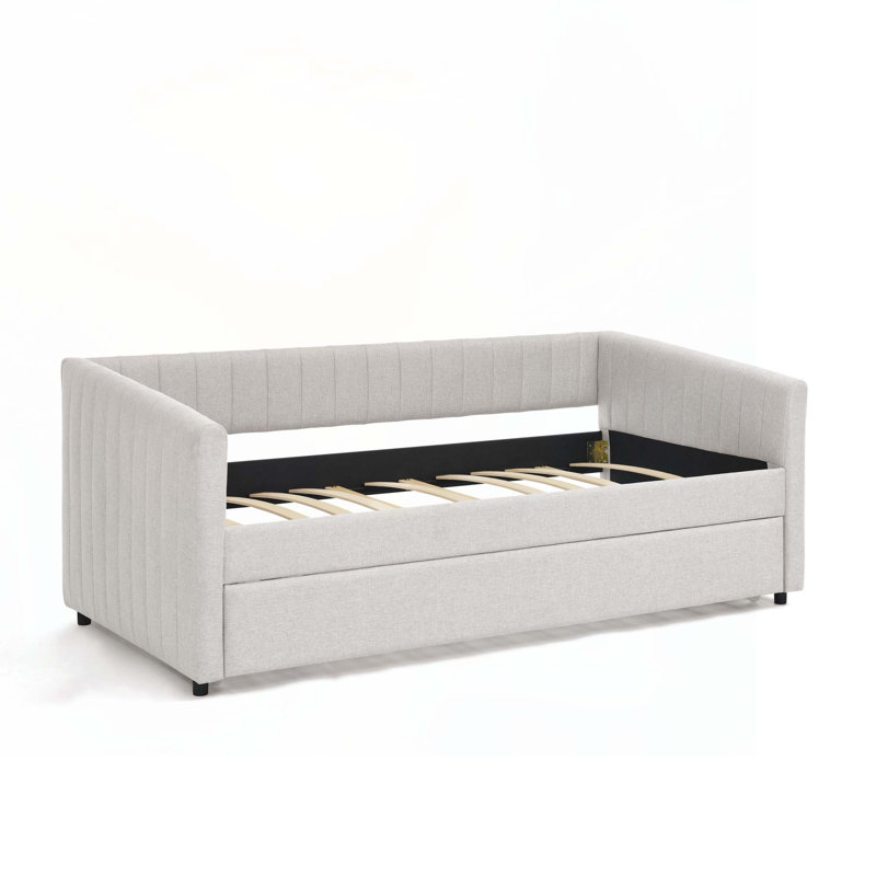 Linen Upholstered  Daybed with Trundle, Beige, Twin