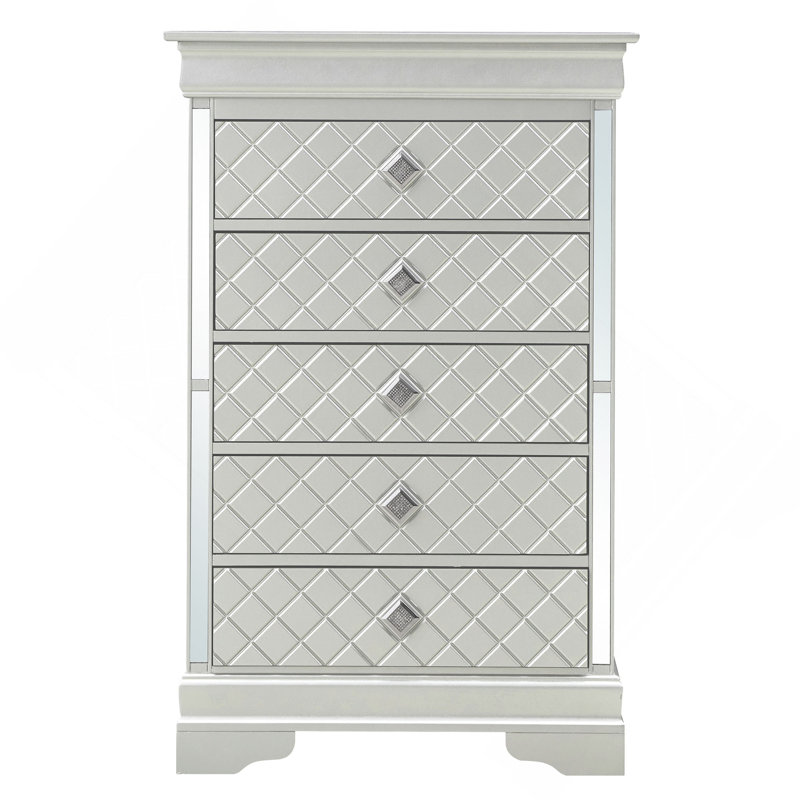 Commode verticale à 5 tiroirs avec façade texturée et poignées décoratives, Champagne
