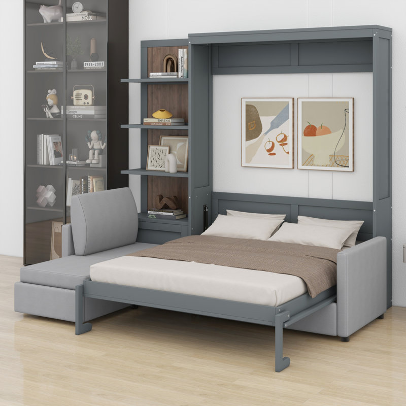 Queen Size Murphy Wall Bed with Sofa & Shelves – Space-Saving Gray Wood Bed for Kids & Teens Bedroom, Gray