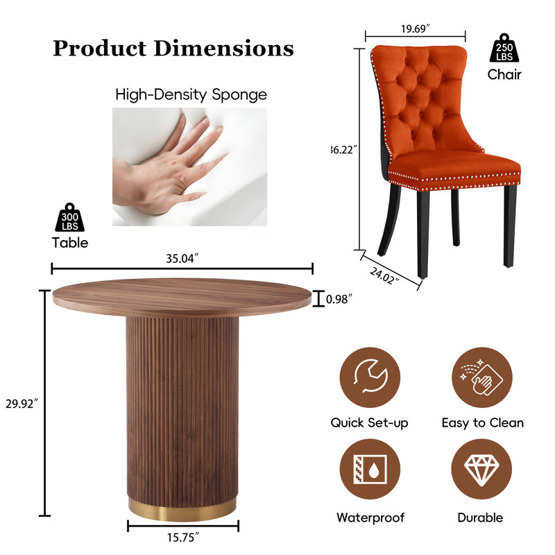 Ensemble de table de salle à manger 3 pièces avec fauteuils à oreilles en velours - Base piédestal, sièges 2, petit espace