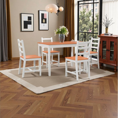 Ensemble de salle à manger 5 pièces en bois massif - Table rustique en pin avec 4 chaises à haut dossier