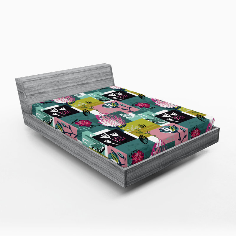 Drap-housse rustique Ambesonne, Jaune, vert, rose pastel / floral, Full Fitted Sheet