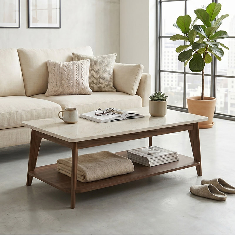 Four Leg Coffee Table with Storage, White / Walnut