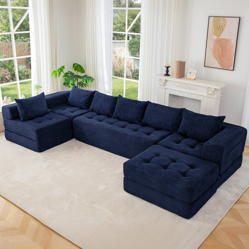 Boneless U Shaped Modular Sectional Sofa Couch, 15" H x 135" W x 63" D, Blue Corduroy