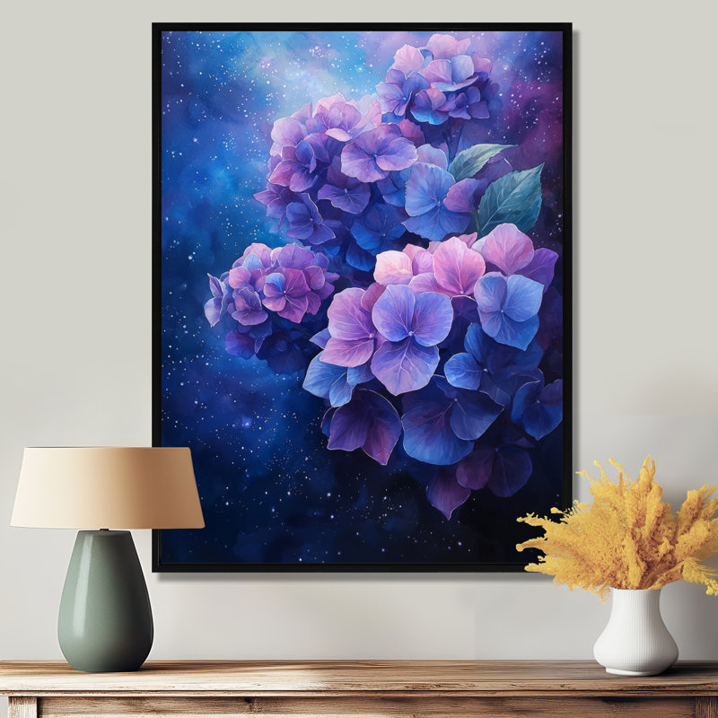 Hydrangea in Space - Hydrangea, reproduction d'art encadrée, Reproduction avec cadre flottant, H 20 po x l 12 po, Noir