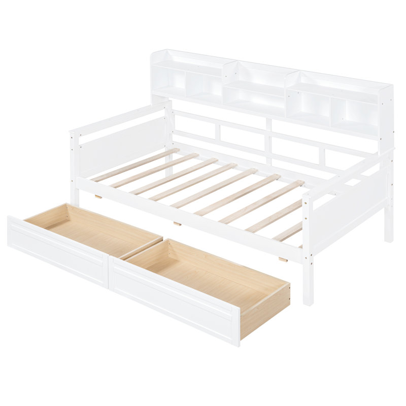 White Twin Size Daybed Featuring Wood Slat Support, Bedside Shelves, And Two Under - Bed Drawers Good For Small Living Spaces Bedrooms