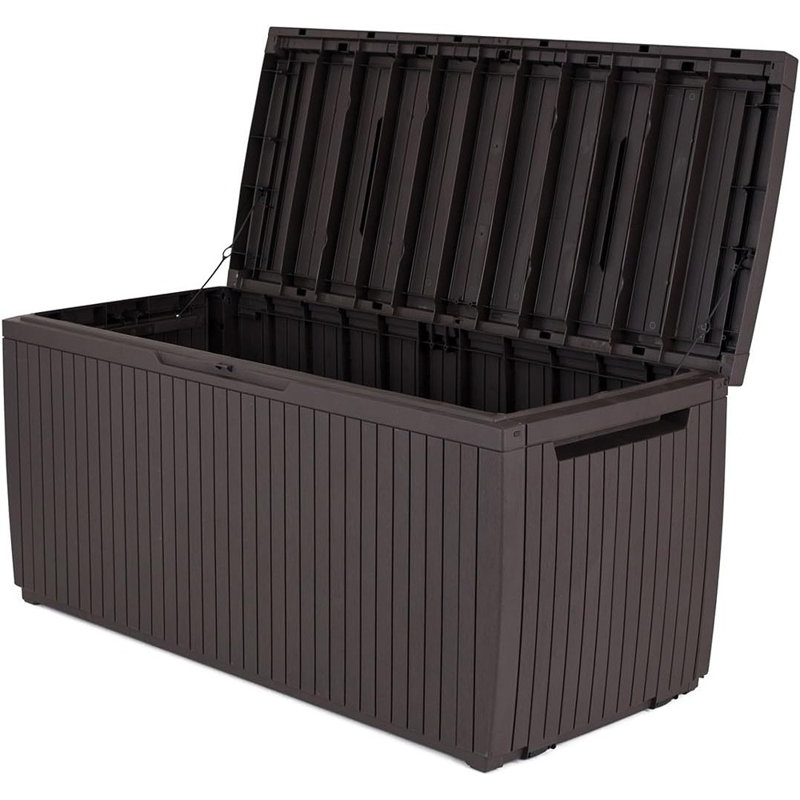 Boîte de rangement extérieure en résine de 80 gallons pour coussins de patio, jouets de piscine et outils de jardin, brun