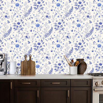 Papier peint auto-adhésif à motif floral rétro avec motif de roses sauvages et de papillons bleus et blancs adhésifs amovibles pour armoires de cuisine de chambre à coucher 24 po x 118 po
