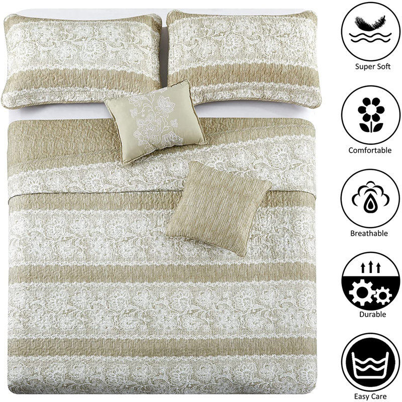 5 Piece Emma Printed Microfiber Quilts Set, Taupe, Queen Quilt + 2 Queen Shams + 2 Throw Pillows