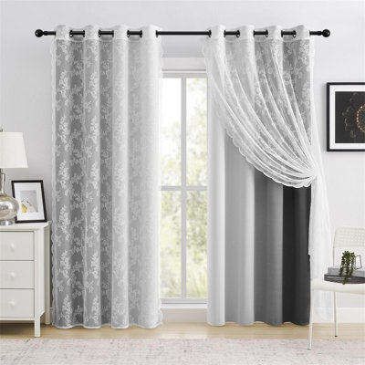 Ombre Blackout Curtains 4 Pcs Set Mix & Matched - 2 Pcs Leaf Sheer Lace & 2 Pcs Ombre Blackout Room Darkening Window Curtains for Bed Room Living Room 63 Inch Long Grommet Thermal Insulated Sunlight Blocking Noise Reducing  Gray Color