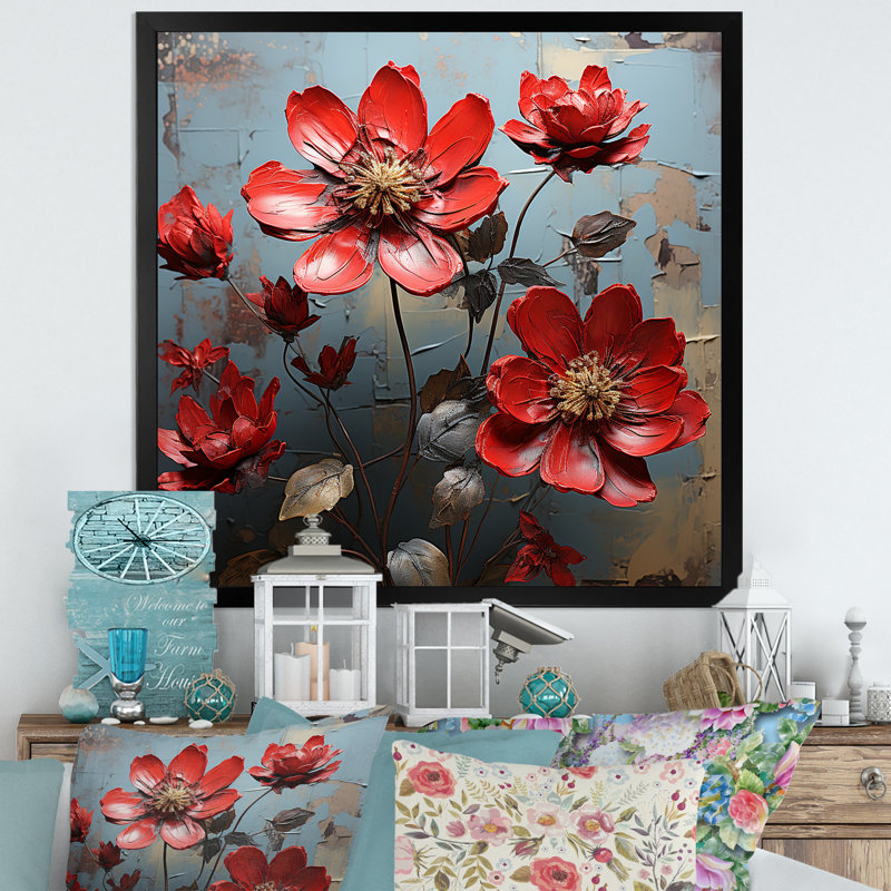 Zinnias Scarlet Petals sur impression sur toile, Cadre simple noir, H 30 po x l 30 po x P 1 po