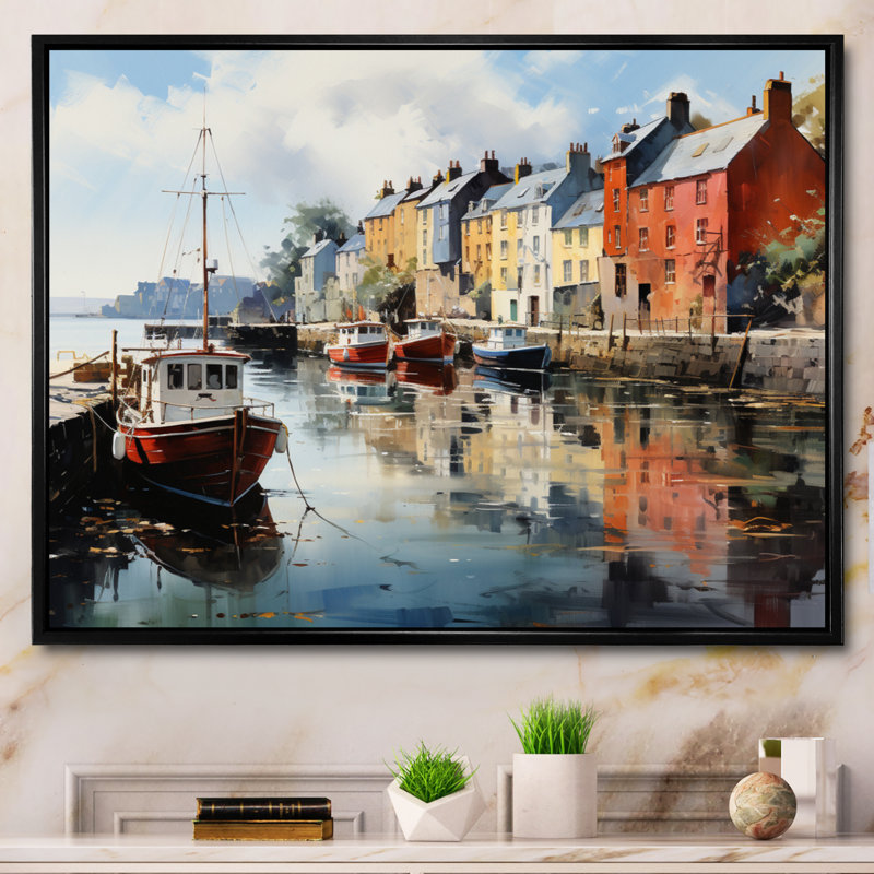 «Ireland Peaceful Harbor Villagean», art mural Irlande, H 30 po x l 40 po x P 1,5 po, Cadre flottant noir