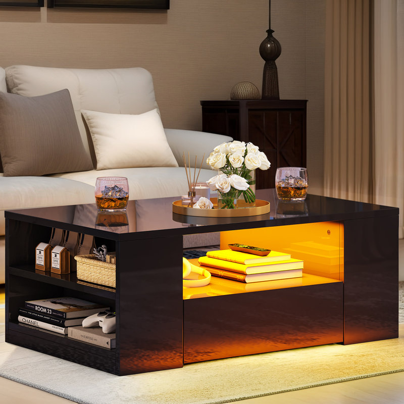 Table basse DEL à finition brillante avec 2 tiroirs et tablettes ouvertes, Noir