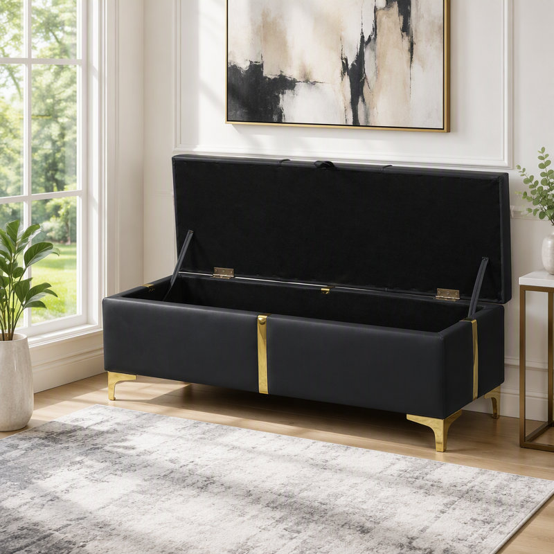 Pouf de rangement élégant avec pieds en métal, Noir + polyuréthane