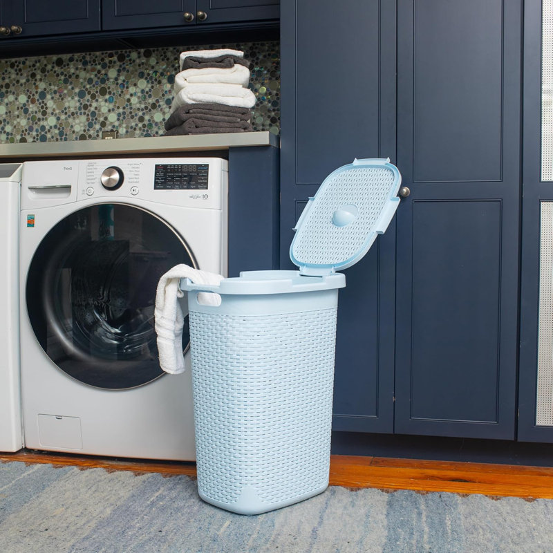 Panier à linge mince avec couvercle, panier à linge de 60 L, conception en osier de qualité supérieure, plastique, Baby Blue