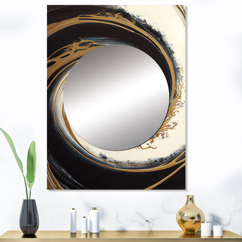 Cercle noir et doré V - miroir spirales abstraites, miroir mural décoratif noir, art imprimé en métal, 40 po x 30 po