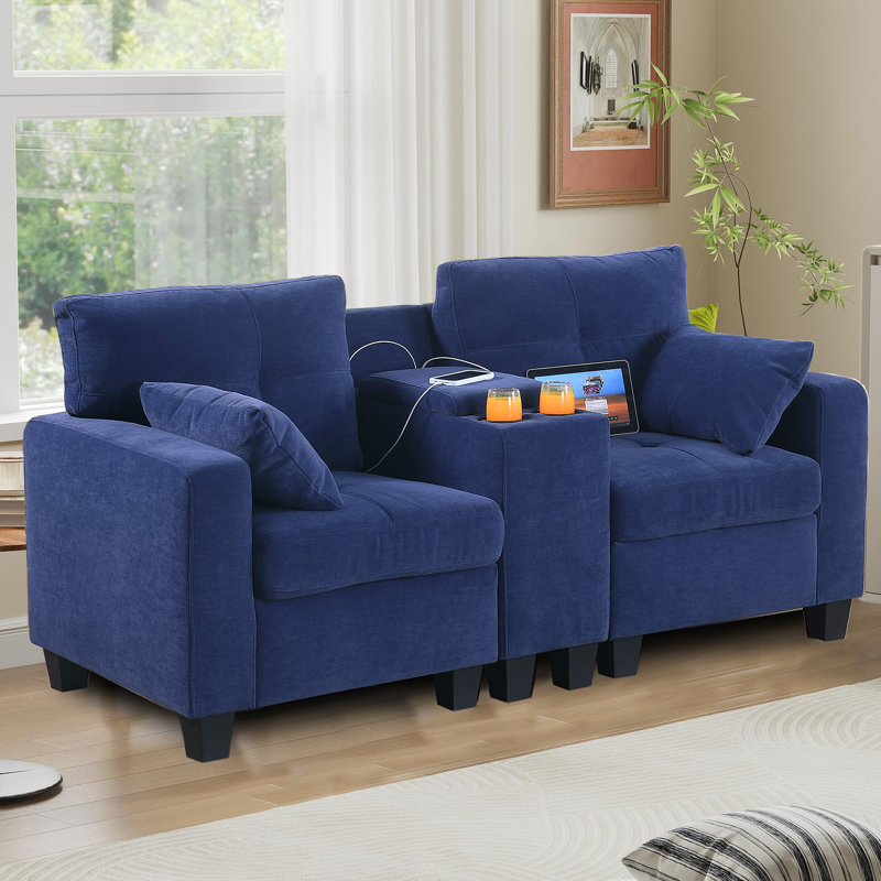 Modular Sofa With Storage, Cupholders, USB Port, Navy Blue