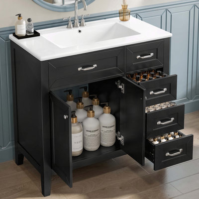 Meuble-lavabo 36 po en bois massif avec lavabo, armoire avec deux portes et trois tiroirs