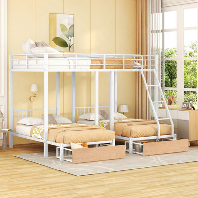 Full Over Twin & Twin Bunk Bed, Metal Triple Bunk Bed With Drawers And Guardrails