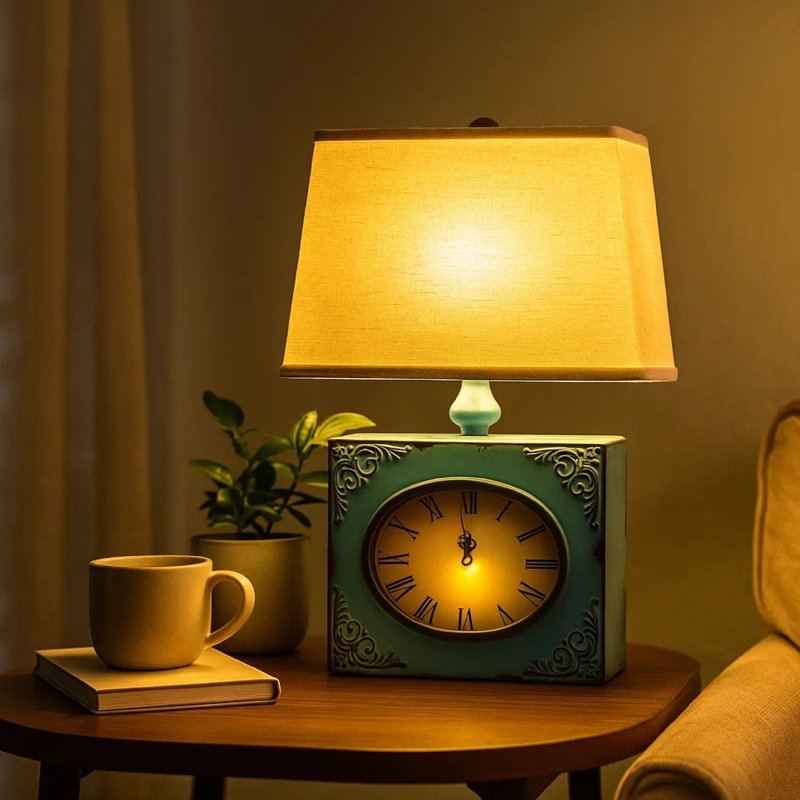 Ivayla Clock Design Metal Table Lamp with Tapered Shade, Blue and Beige, Bllue